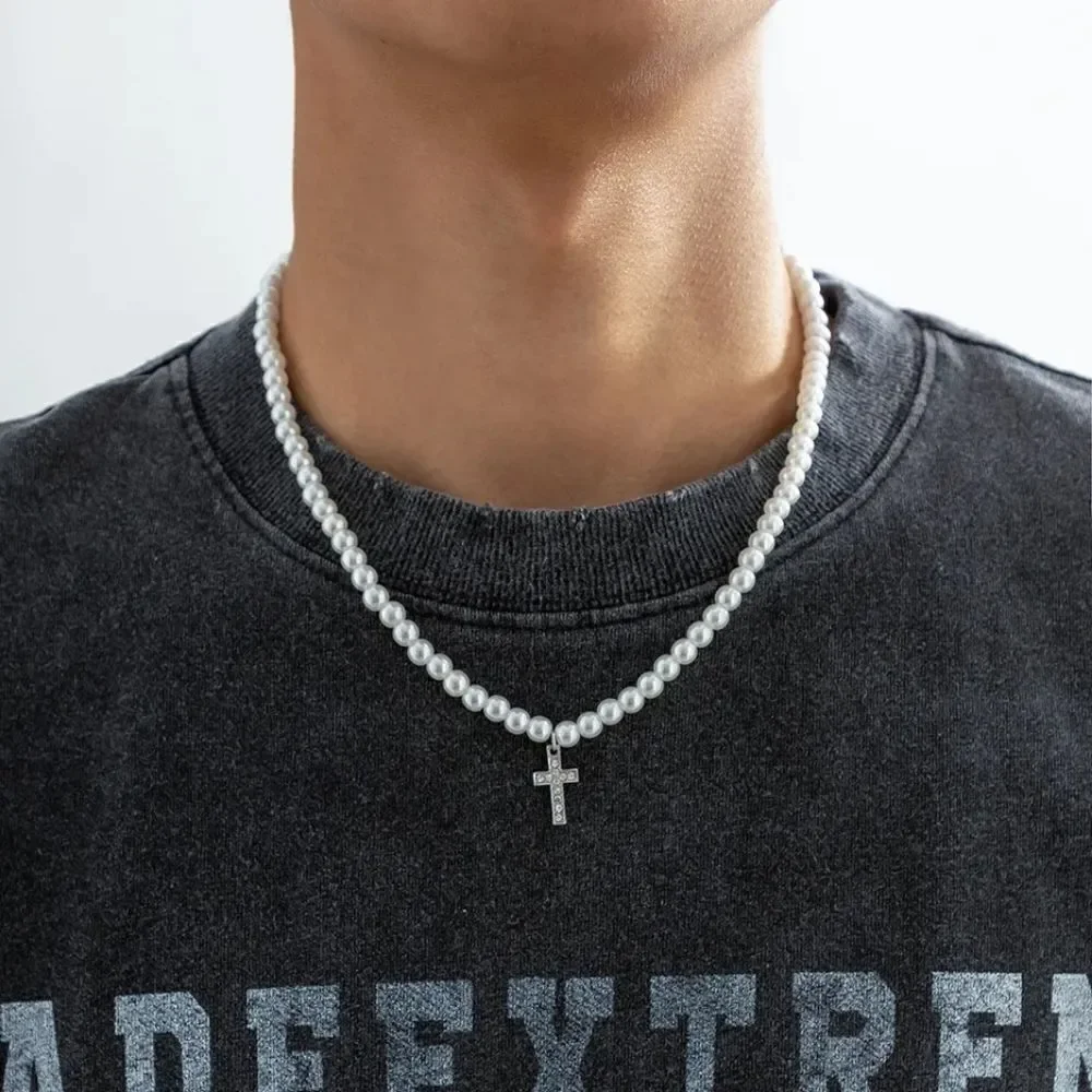 Men's Bling Cross Pearl Necklace